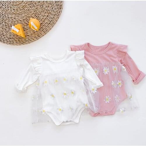 0-3Y Spring Autumn Infant Newborn Baby Girls Rompers Long Sleeve Cute Daisy Mesh Bodysuit Todder Clothes