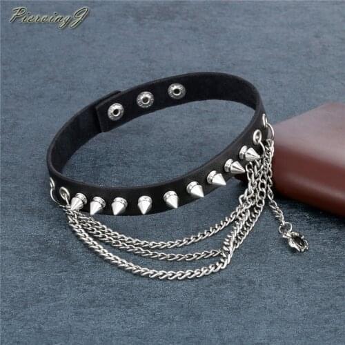 PiercingJ Hot Sell Punk Goth Multilayer Spikes Spider Chain Black Genuine Leather Choker Collar Necklace Adjustable 13 - 14.5"