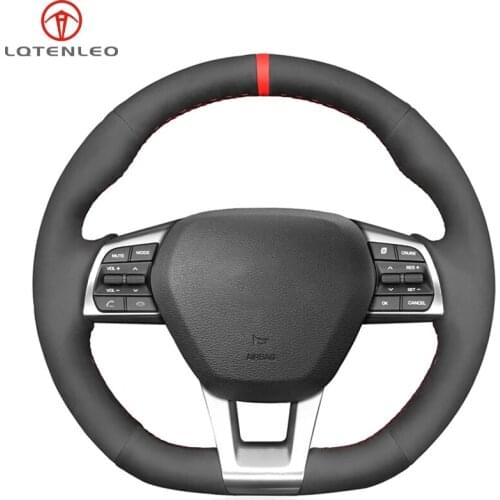 LQTENLEO Black Suede Hand Sewing Car Steering Wheel Cover For Hyundai Sonata 9 (3-Spoke | D-Shape) 2015 2016 2017 2018 2019