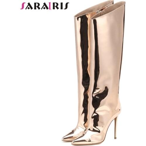SaraIris Pointed Toe Super High Boots Women Thin Heel Silver Metallic Boots Ladies Shoes