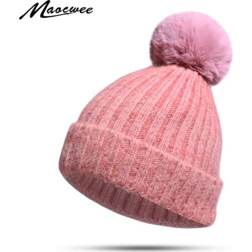 New Winter Beanie Hat With Real Fur Pom Pom For Women Girls Solid Color Skullies Beanies Hat Warm Female Soft Beautiful Caps