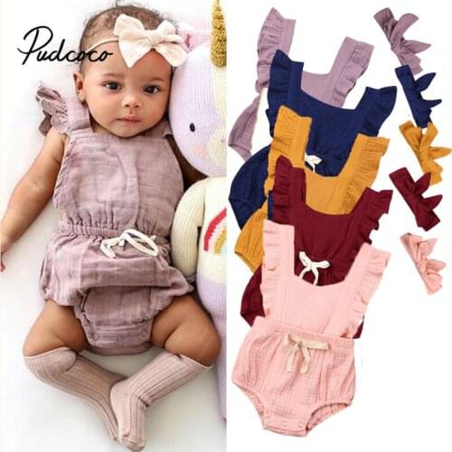 Cute Toddler Kids Baby Girl Summer Sleeveless Casual Romper Bodysuit Clothes Set Newborn Cotton Ruffle Headband 2PCS Outfits
