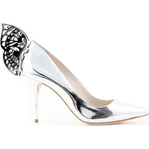 KALMALL Fashion Single Shoes Black Silver Blue Patent Leather Stiletto High Heels Pointed Toe Lacer-cut Blutterfly Wings Pumps