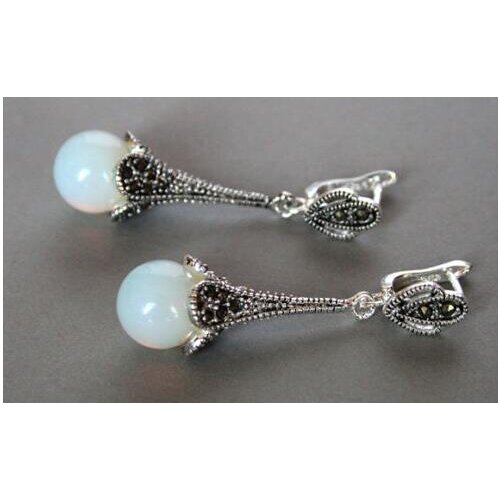 UNIQUE LADYS RETRO MARCASITE 925 STERLING A &WHITE OPALITE OPAL EARRINGS NATURAL STONE BREAD EARING BIG EARRINGS