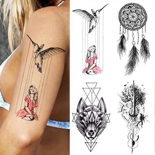 Waterproof Temporary Tattoo Sticker Girl Bird Flowers Flash Tattoos Flowers Rose Lotus Body Art Arm Fake Sleeve Tatoo Women