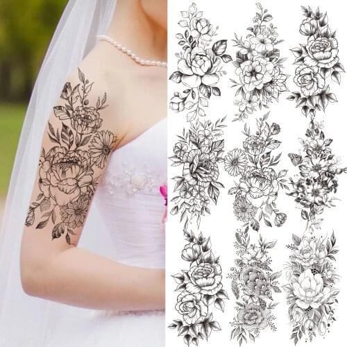 Waterproof Peony Flower Temporary Tattoo For Women Girls Adult Black Flora Rose Tattoos Sticker Dahlia Fake Body Art Tatoos Leg
