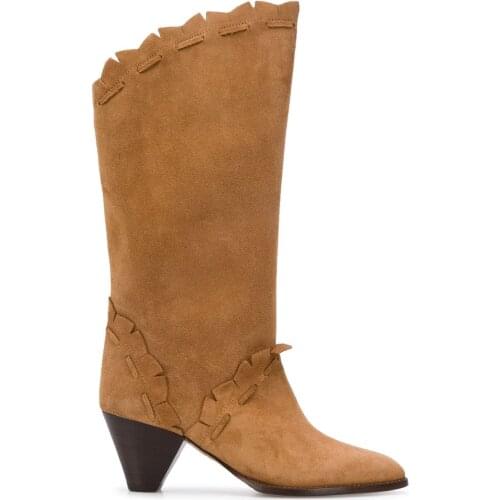 Women Shoes Paris Leesta Suede Boots Pointed Toe Cone Heel Wide Fringe