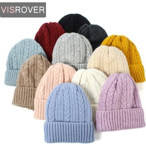 VISROVER 12 Colorways Winter Skully For Women Fahion Solid Knot Cashmere Handfeeling Beanies Bonnet Soft Cap Warm Hat Femme Cap