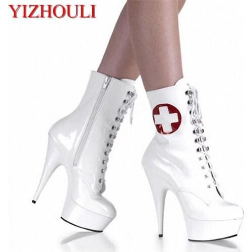 15-20cm sexy lace-up high heel shoes women pu leather boots back zipper ladies' ankle boots sexy dance boots