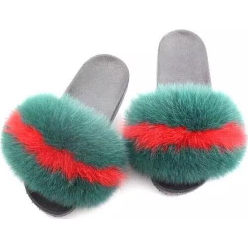 Women Furry Slippers Real Fox Fur Slides Women SlipFox Hair Sandals Ladies Fur Slippers Indoor Flat Shoes Woman