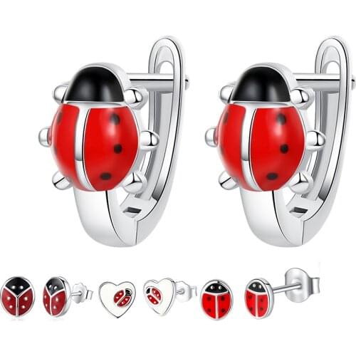 ELESHE Spring Cute 925 Sterling Silver Exquisite Earrings Heart Red Ladybug Stud Earrings for Women Girls Kids Jewelry