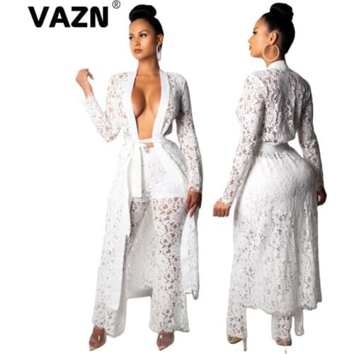 VAZN 2020 New White High-end Lace Open Sexy Club Young Elegant Full Sleeve X-Long Cloth Long Wide Leg Pants Women 2 Piece Set