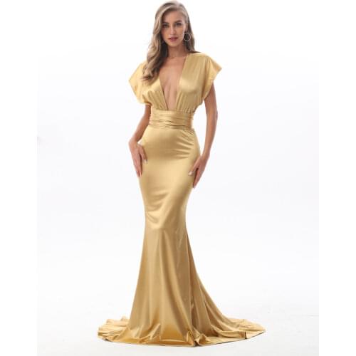 NEW Gold Sexy Strapless Bodycon Mermaid Party Dress Sleeveless Floor Length Satin Dress Open Back Dress DIY Tie-straps