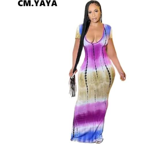 CM.YAYA Women Long Dress Tie Dye Short Sleeve O-neck Strechy Bodycon Maxi Dresses Sexy Fashion Streetwear Summer Casual Outfit