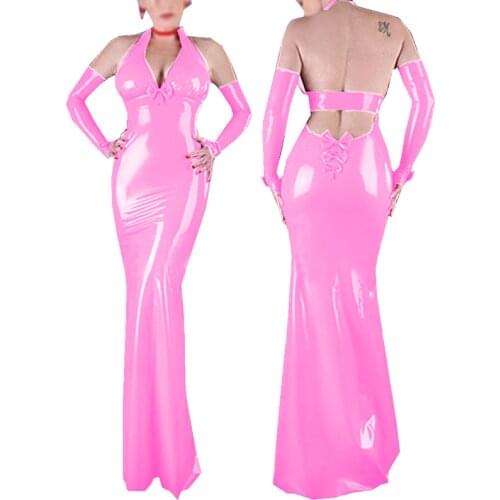 Summer Long Evening Dresses for Women Vinyl Halter V-neck Maxi Dress with bow-knot and Gloves Gothic PVC Vestido