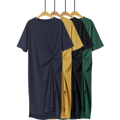 Women Summer dress With short sleeves Cotton loose plus-size casual dress pullover Round collar Pure color Tall waist Long dress