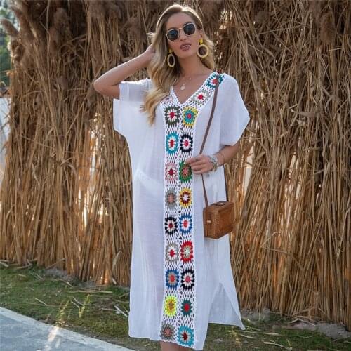 White Maxi Dresses for Women Summer 2021 Spring Long Beach Cover Ups for Womens Flower Crochet Swim Wear Sun Dress Beachwear