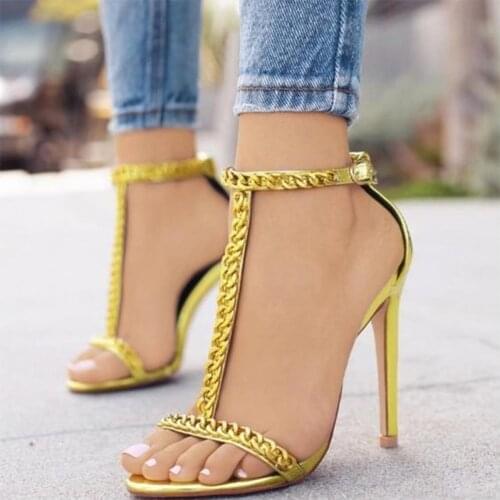 Gold High Thin Heels Sandals Woman Ankle Strap Open Toe Buckle Large Size 10 14 Ladies Fashion Summer Shoes Party Mature Shofoo