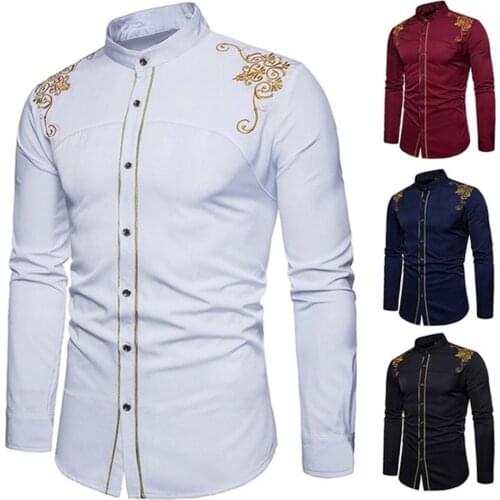 75% Hot Sales!!! Men Fashion Embroidery Flower Button Stand Collar Long Sleeve Shirt Blouse Top