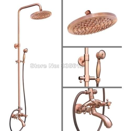 8" Round Shower Head Bathroom Wall Mounted Antique Red Copper Rain Shower Faucet Set Bathtub Mixer Tap with Hand Spray Wrg503