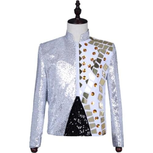 Golden lens sequins blazer men suits designs white jacket mens stage costumes singers clothes dress punk rock masculino homme