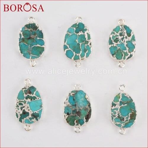 BOROSA 5PCS Oval Silver Color Copper 100% Blue Stone Druzy Connector Double Bails for Jewelry Makings Druzy Jewelry G1323