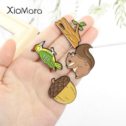 6 Styles Forest Animals Enamel Pin Woodland Woodpecker Squirrel Monkey Lapel Pins Nuts Banana Tree Badges Cute Baby Brooches