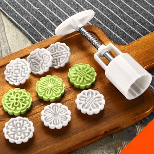 25g Mooncake Barrel Mold with 6pcs Flower Stamps Hand Press Moon Cake Pastry Mould DIY Bakeware