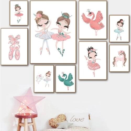Cartoon Ballet Dancing Girl Canvas Pink Wall Art Paintings Children Nursery Nordic Shoes Girls Swan Posters Prints Bedroom Decor