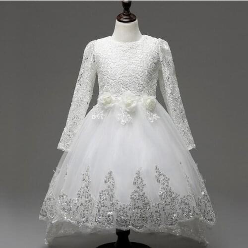 Baby Girls Lace Tulle Dress Long Sleeve White Flower Children Princess Wedding dress and Party Dresses With Trailing Cute Bow