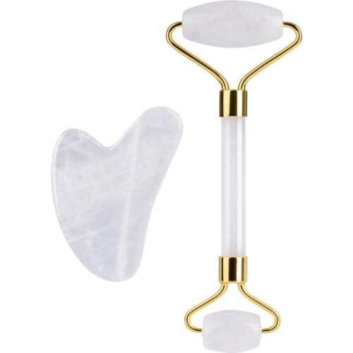 White Crystal Massager Natural Stone Facial Roller Gua Sha Tools Set SPA Acupuncture Scraping Crystal Body Face Massage