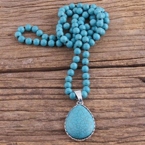 MD Fashion Bohemian Jewelry Accessory 8mm Blue Stones Knotted Stone Dorp Pendant Necklaces For Women Boho Necklace Dropship