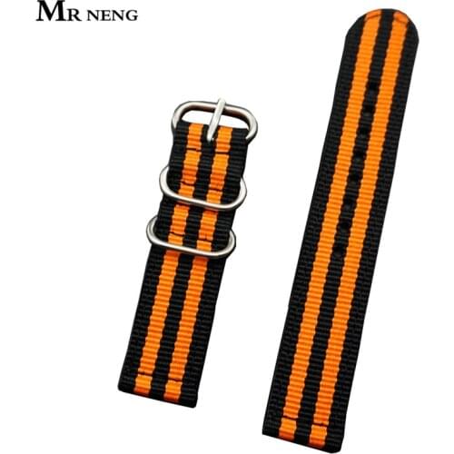 MR NENG Brand 18mm 20 mm 22mm 24mm Black-Orange Stripes fabric Nylon watchband Watch Strap Band Buckle Stainless steel Ring