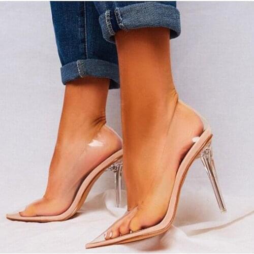 2021 New trendy clear PVC transparent pumps sandals perspex heel stilettos women shoes pointed toe high heels party pumps