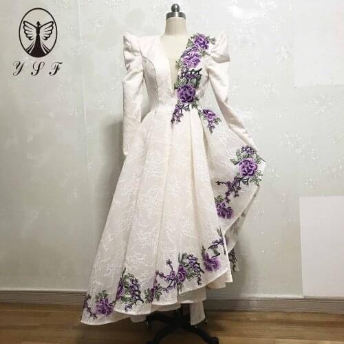 Simple but Elegant Champagne Plunging V Neck Appliqued Lace Long Sleeve Short Front Long Back High Low Prom Dresses 2019