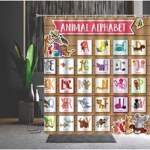 Animal Alphabet Child Shower Curtain Cartoon Wildlife Pattern Printed Polyester Home Bathroom Supplies Bath Hanging Curtains Set