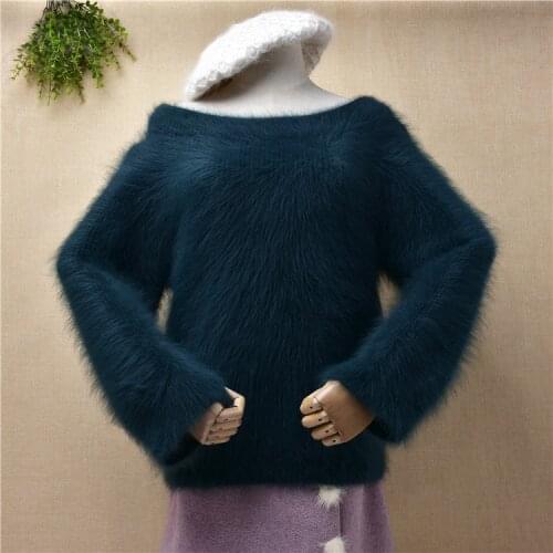 Ladies women autumn winter thick warm mink cashmere knitwear long sleeves slash neck loose pullover angora fur jumper sweater