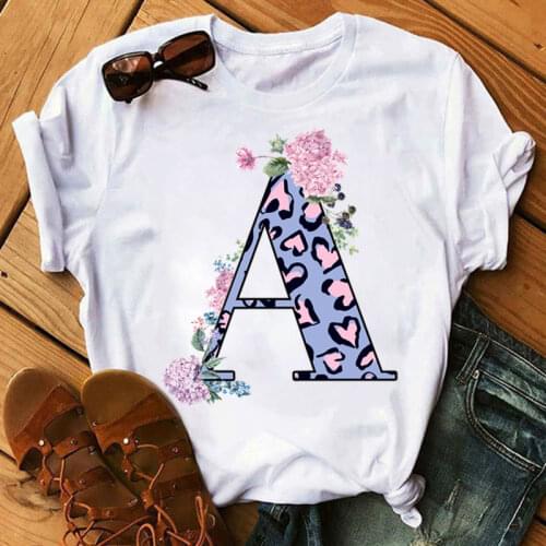 Women T Shirt Pink Flower Leopard Letter Font A B C D E F G Short Sleeve Tops Custom Name Letter Combination Fashion Black Tops