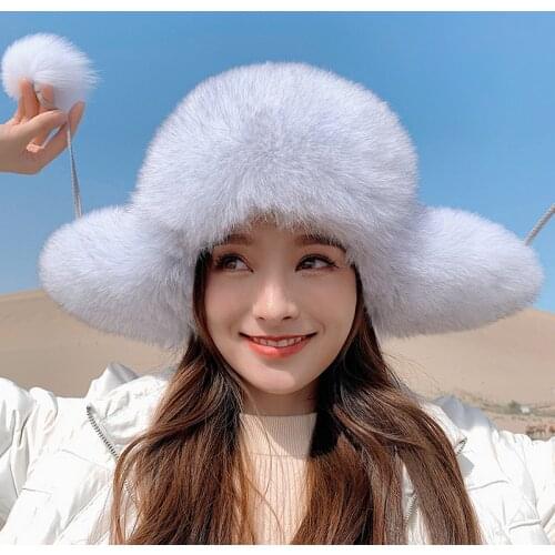 2020 Hot Sale Women Natural Fox Fur Russian Ushanka Hats Winter Thick Warm Ears Fashion Bomber Hat Lady Genuine Real Fox Fur Cap