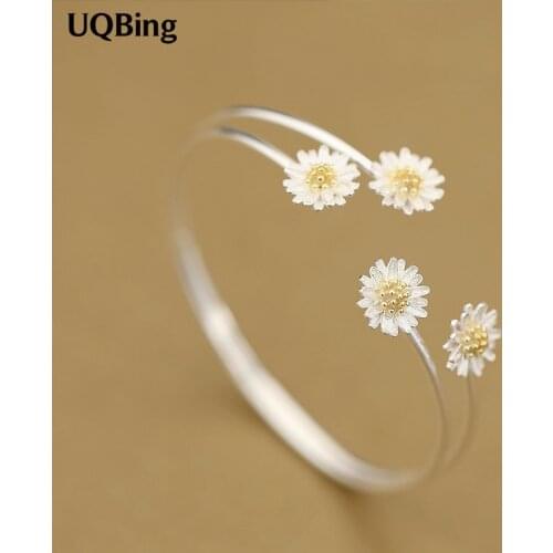 Fashion Beautiful 925 Sterling Silver Daisy Flower Cuff Bangles & Bracelets Women Accessories Srebrna Bransoletka