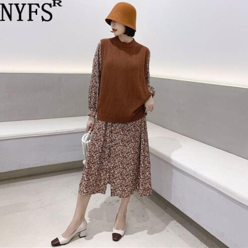 NYFS Autumn Dress 2021 Korean New Loose Chiffon Woman Dress Vestidos Robe femme Elbise Fashion Two-piece set+Vest
