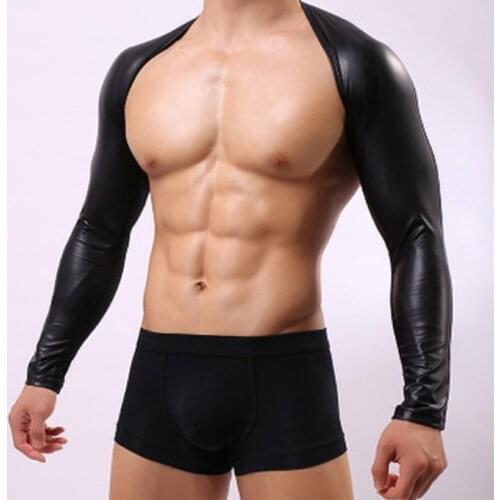 Men Faux Leather Sexy Vest DJ Backless Exposed Chest Top Fad Sleevelet Glossy Breathable Mesh Shawls Bodysuit With Tight Sleeves