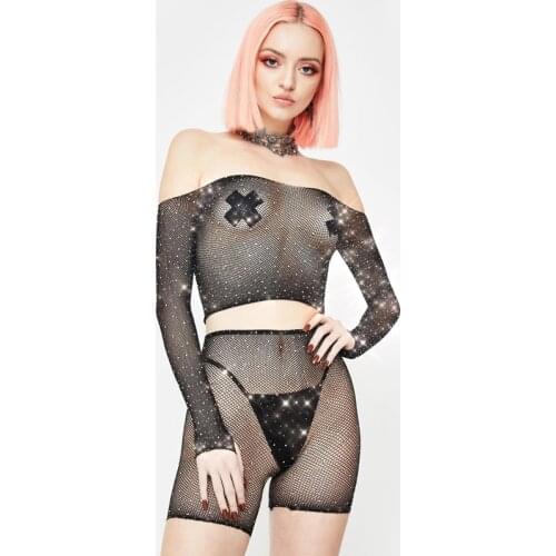 2021 Sexy Hot 2 Piece Set Women Black Club Outfits Mesh Long Sleeve Crop Top+Shorts Bling Rhinestones Fishnet Suits