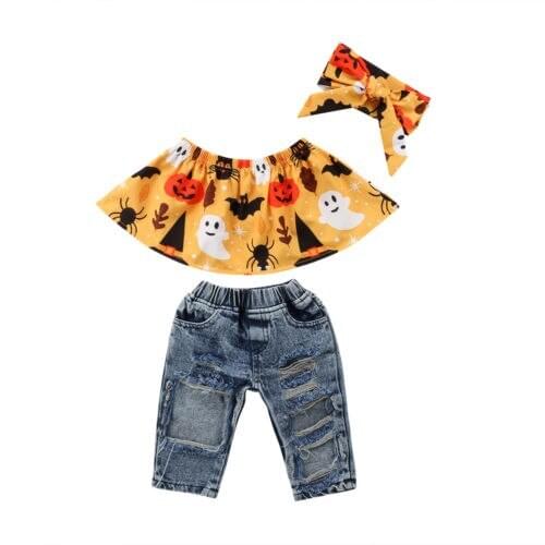 3Pcs Halloween Newborn Kid Baby Girls Off Shoulder Tops Hole Denim Pants Outfits