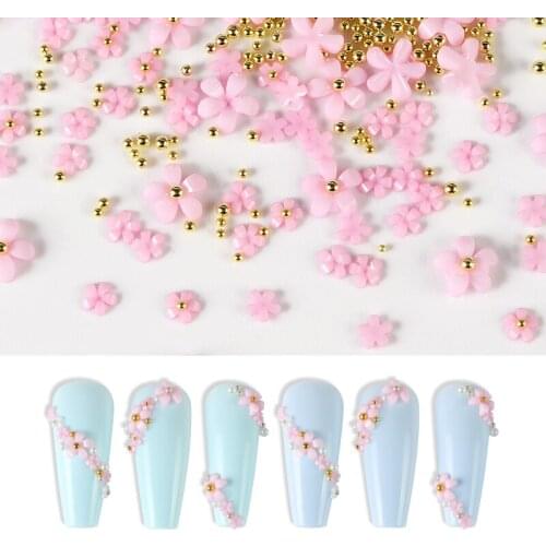 3D Acrylic Hot Pink Flower Design Charm Nail Rhinestonse Mixed Metal Beads For Manicure Gel Polish Nail Art Decorations RK140134