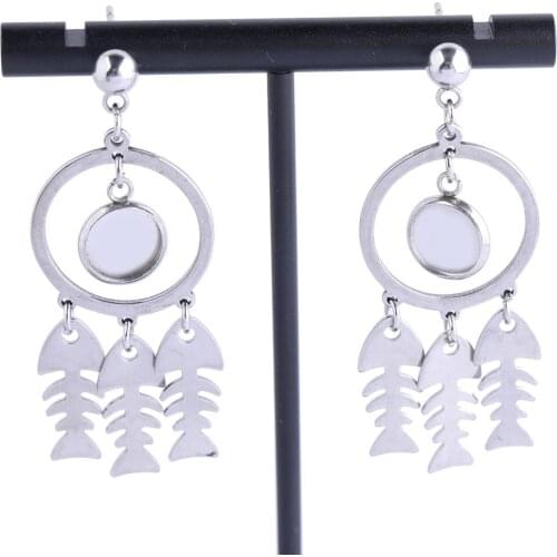 6pcs Fit 8mm Cabochon Earring Base Setting Blanks Diy Fish Bone Charm Earrings Dangles Diy Stainless Steel Findings