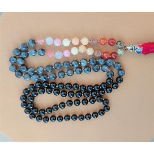 8mm Black Agate Seven Color Chakra 108 Beads Tassel Knotted Necklace Colorful Lucky Classic Chakra Fancy Wristband Cuff Buddhism
