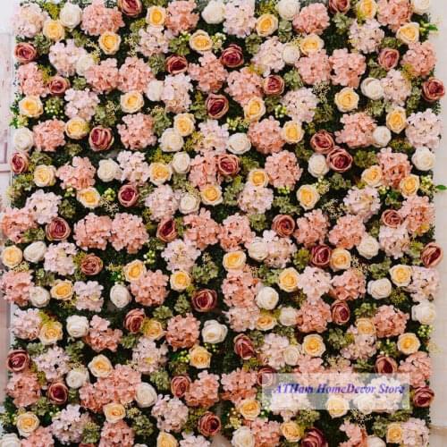 Champagne Blush Rose Meat Pink Hydrangea Artificial Flower Board Leaf 3D Background Wall Wedding Photo Party Home Decoration