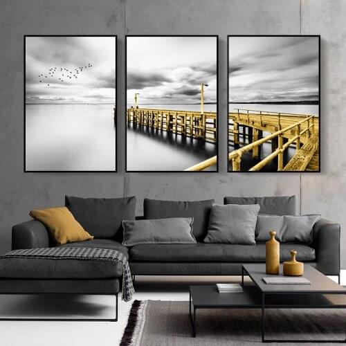 Black White Calm Lake Surface Golden Wooden Bridge Landscape Nordic Canvas Painting Poster Wall Art Print Pictures Home Decor
