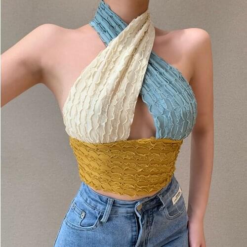 Women Patchwork Halter Tank Tops Streetwear 2021 Trendy Sleeveless Backless Hollow Out Crop Top Club Sexy Casual Camis Top